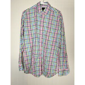 TAILOR BYRD Mens Button Up Collared Business Casual Pink Green Blue Plaid Medium